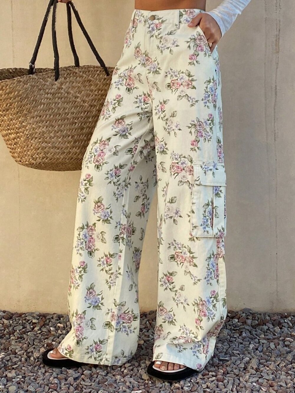 Multicolor Boho Women's Cargo Style High Waist Printed Pocket Casual Jeans - Picture 3 of 6